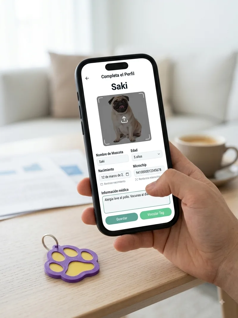Pantalla para completar el perfil de la mascota junto a la chapa